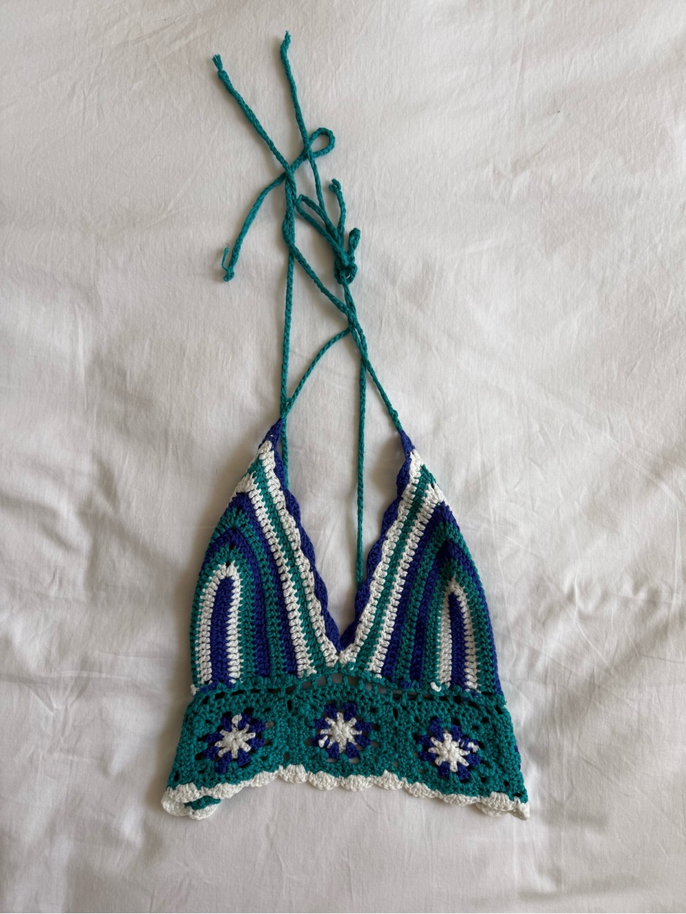 Crochet Halter Top in Teal, Navy & White